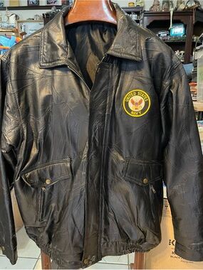 Black Leather Bomber Style Jacket with United States Navy Embroidery & Patch